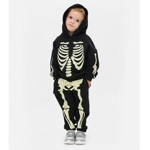 NWT Denim & Flower kids skeleton jogger set, black with white bones Halloween 4T